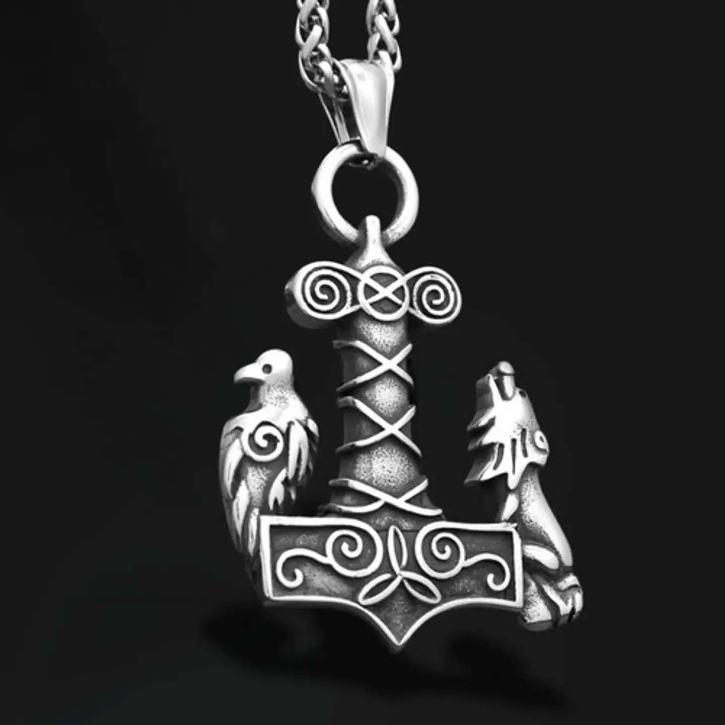 Collar Acero Inoxidable Color Plata Vikingo Cuervos Hombre 6