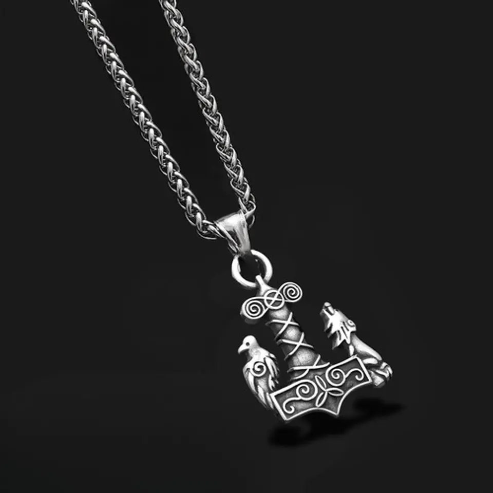 Collar Acero Inoxidable Color Plata Vikingo Cuervos Hombre 7
