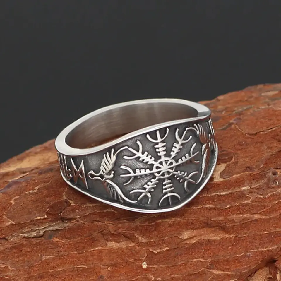 Anillo Color Plata Vikingo Brújula Acero Inoxidable Hombre 7