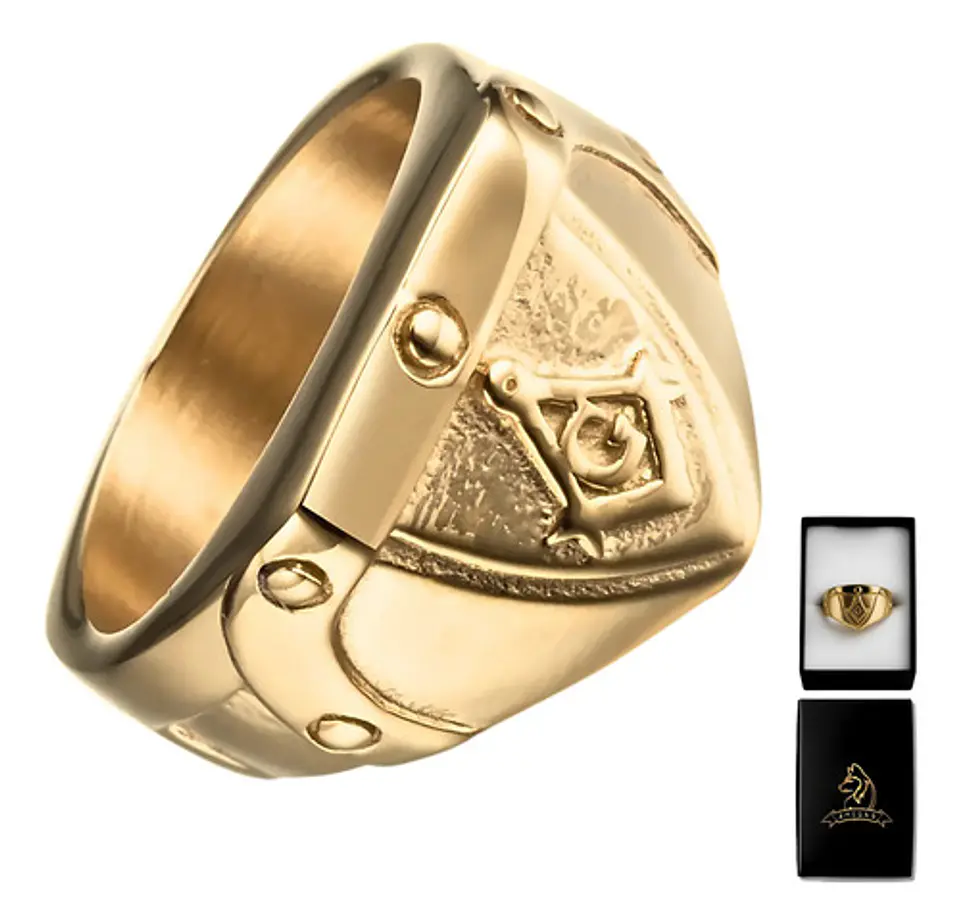 Anillo Hombre Masón Masonería De Acero Color Oro 1