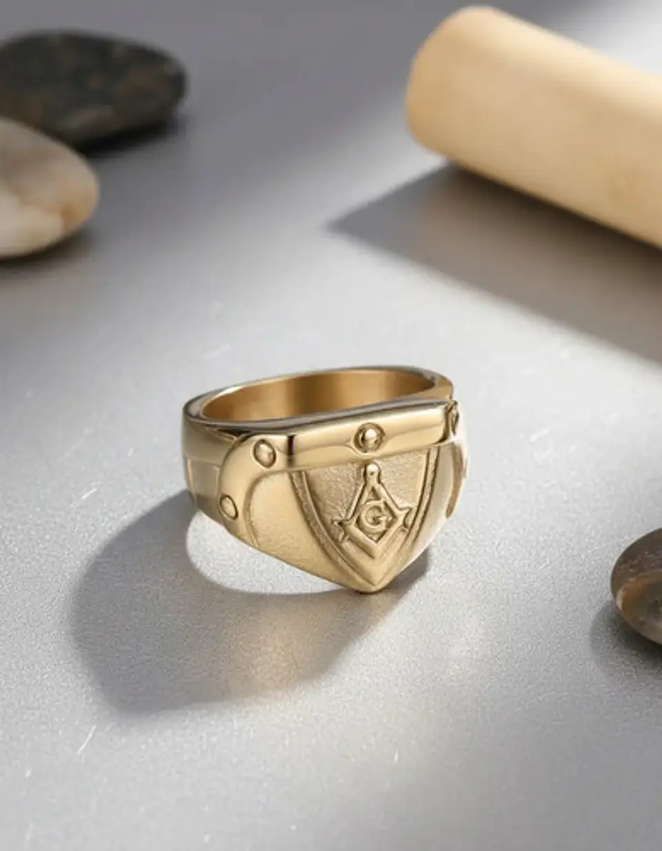 Anillo Hombre Masón Masonería De Acero Color Oro 3