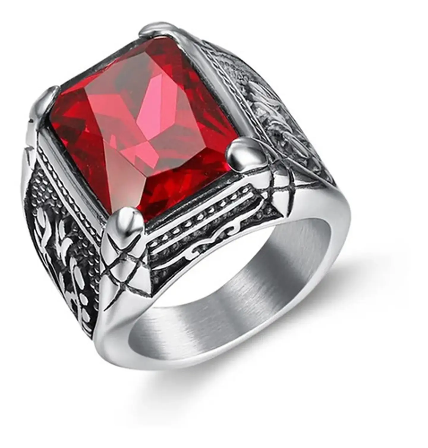 Anillo Color Plata Piedra Roja Acero Inoxidable Para Hombre 1