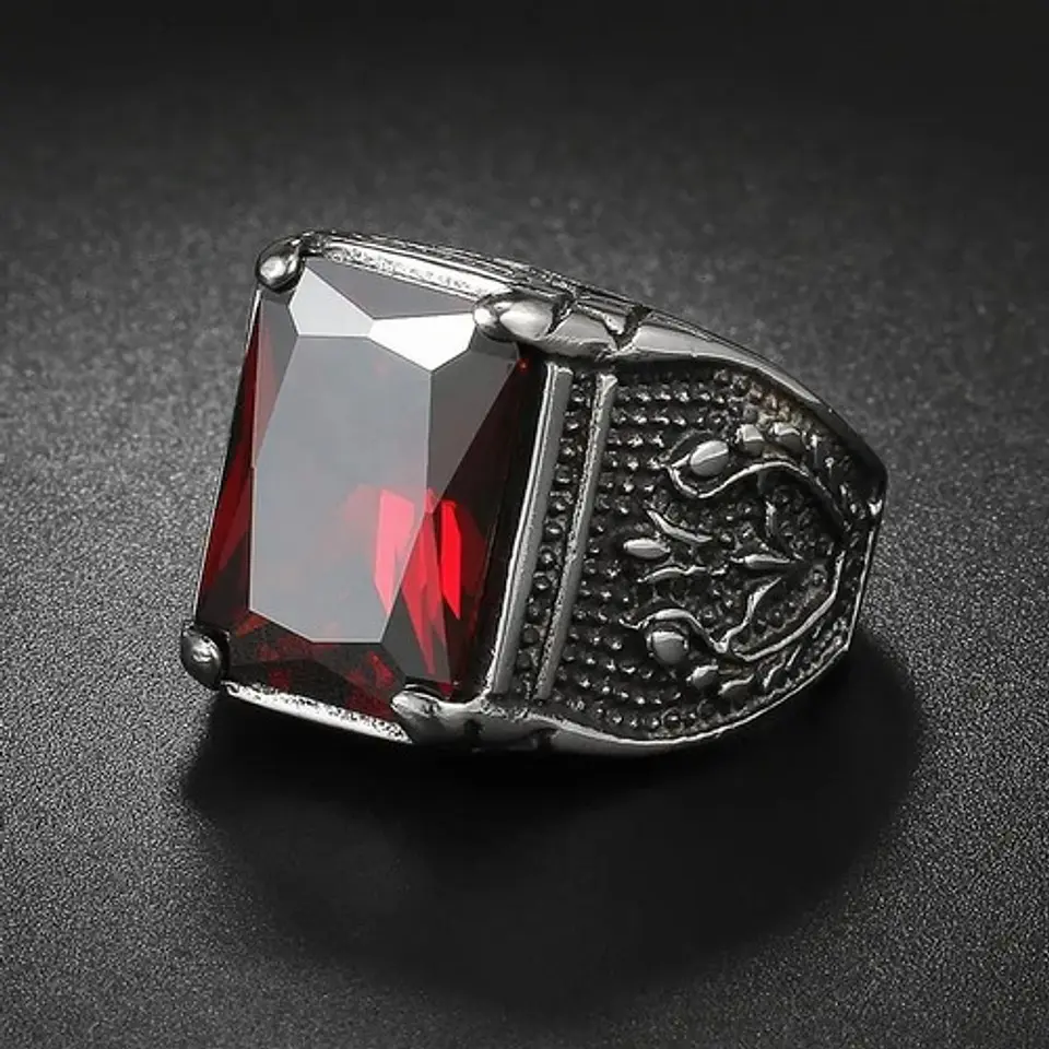Anillo Color Plata Piedra Roja Acero Inoxidable Para Hombre 3