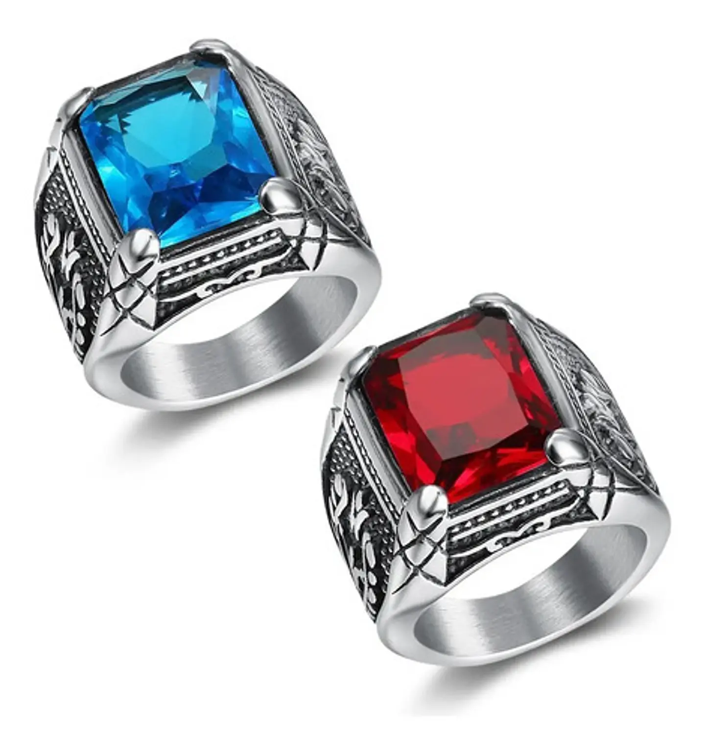 Anillo Color Plata Piedra Roja Acero Inoxidable Para Hombre 9