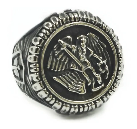 Anillo Color Plata Arcángel Amuleto Acero Inoxidable Hombre