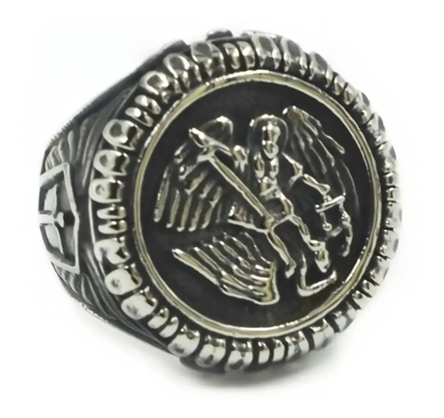 Anillo Color Plata Arcángel Amuleto Acero Inoxidable Hombre 1