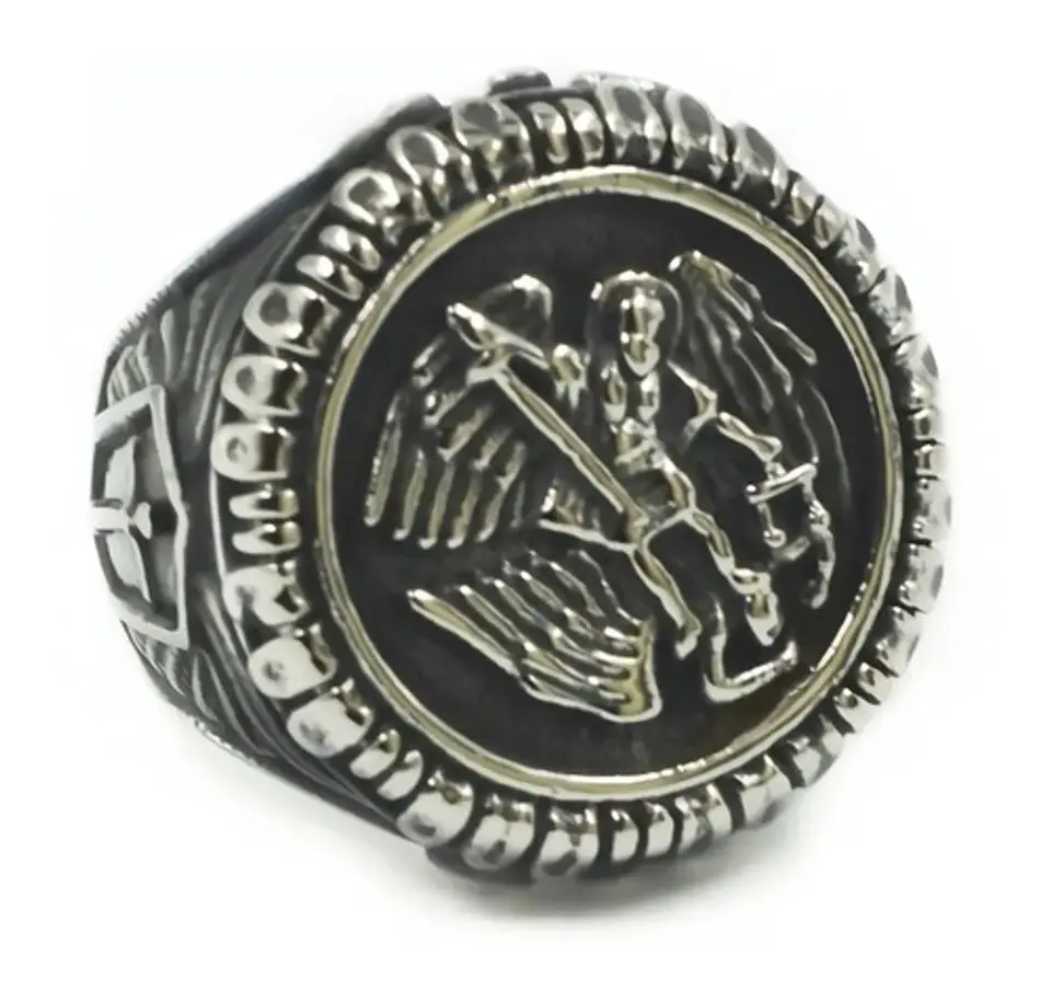 Anillo Color Plata Arcángel Amuleto Acero Inoxidable Hombre 1