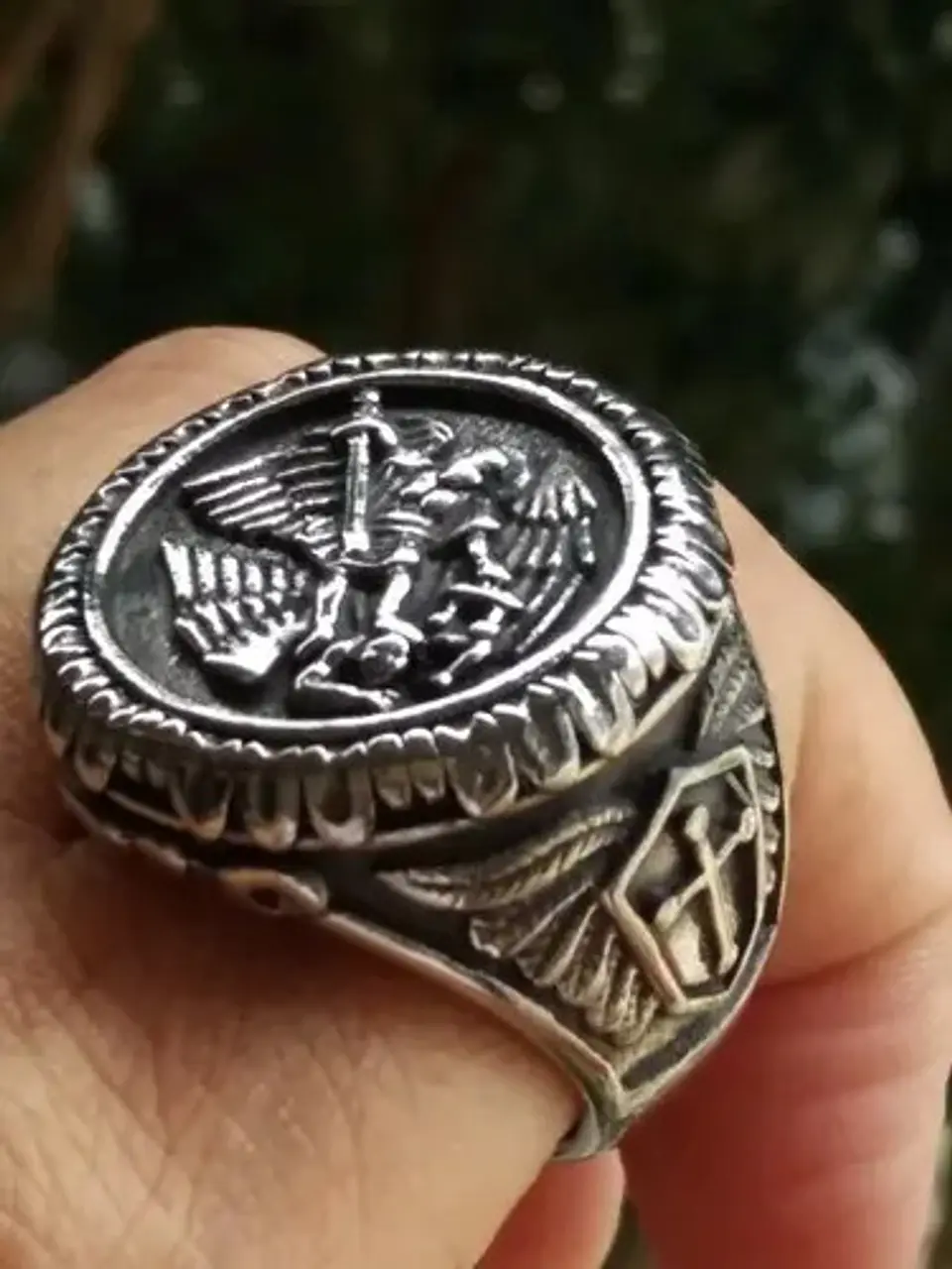 Anillo Color Plata Arcángel Amuleto Acero Inoxidable Hombre 5