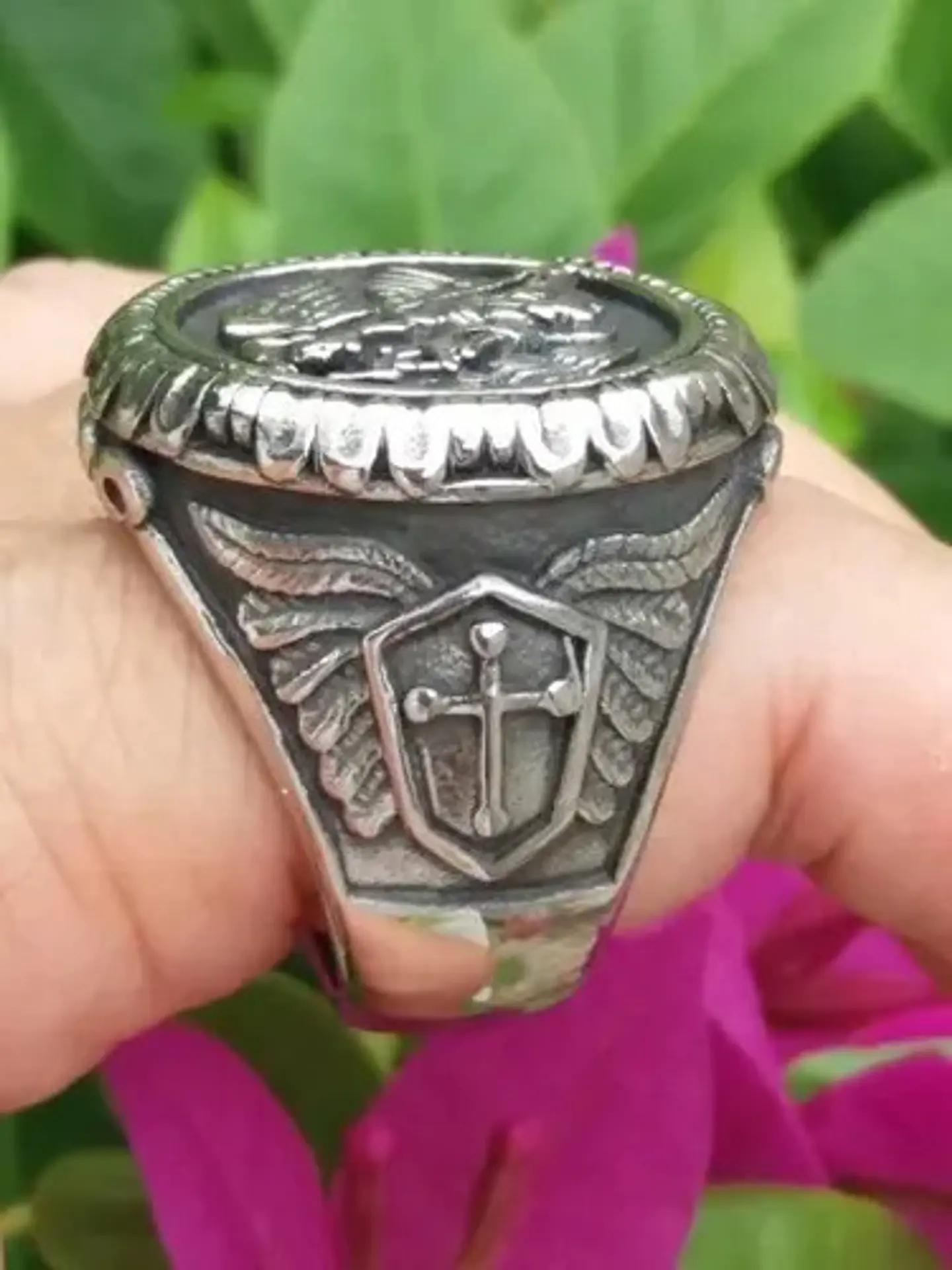 Anillo Color Plata Arcángel Amuleto Acero Inoxidable Hombre 6