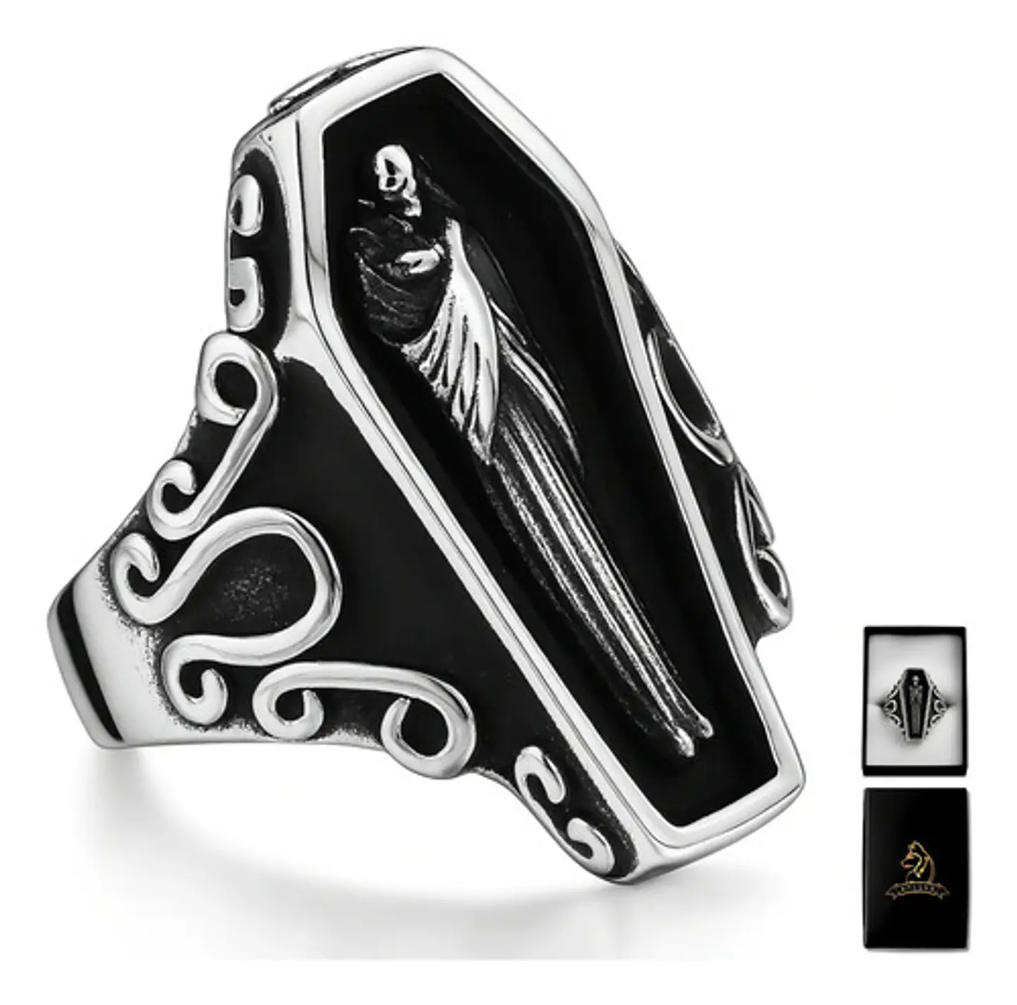 Anillo Ataul Vampiro Cráneo Plata Acero Inoxidable Hombre 9