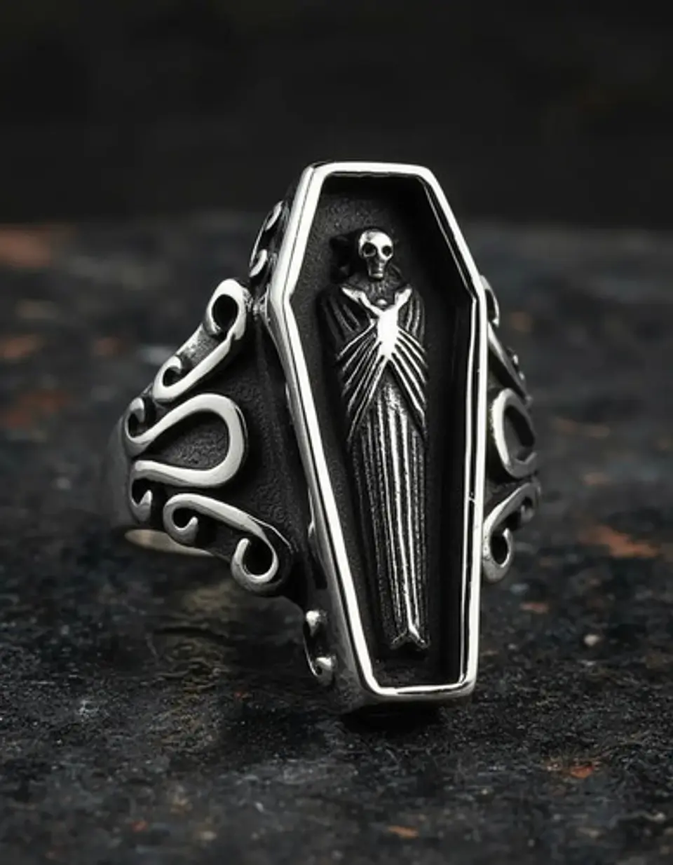 Anillo Ataul Vampiro Cráneo Plata Acero Inoxidable Hombre 15