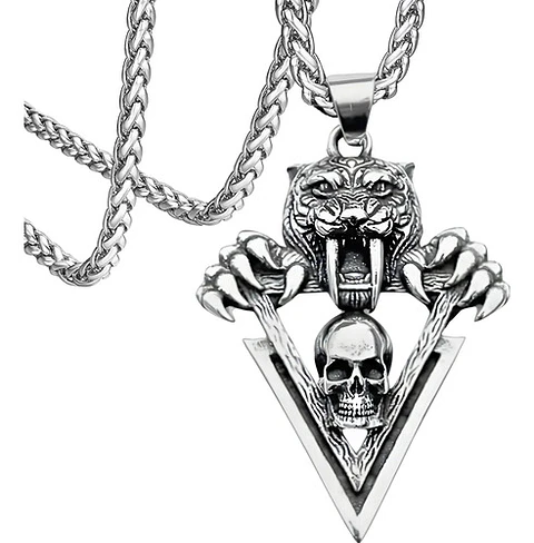 Collar Acero Inoxidable Cráneo Calavera Vikingo Tigre Hombre Plateado