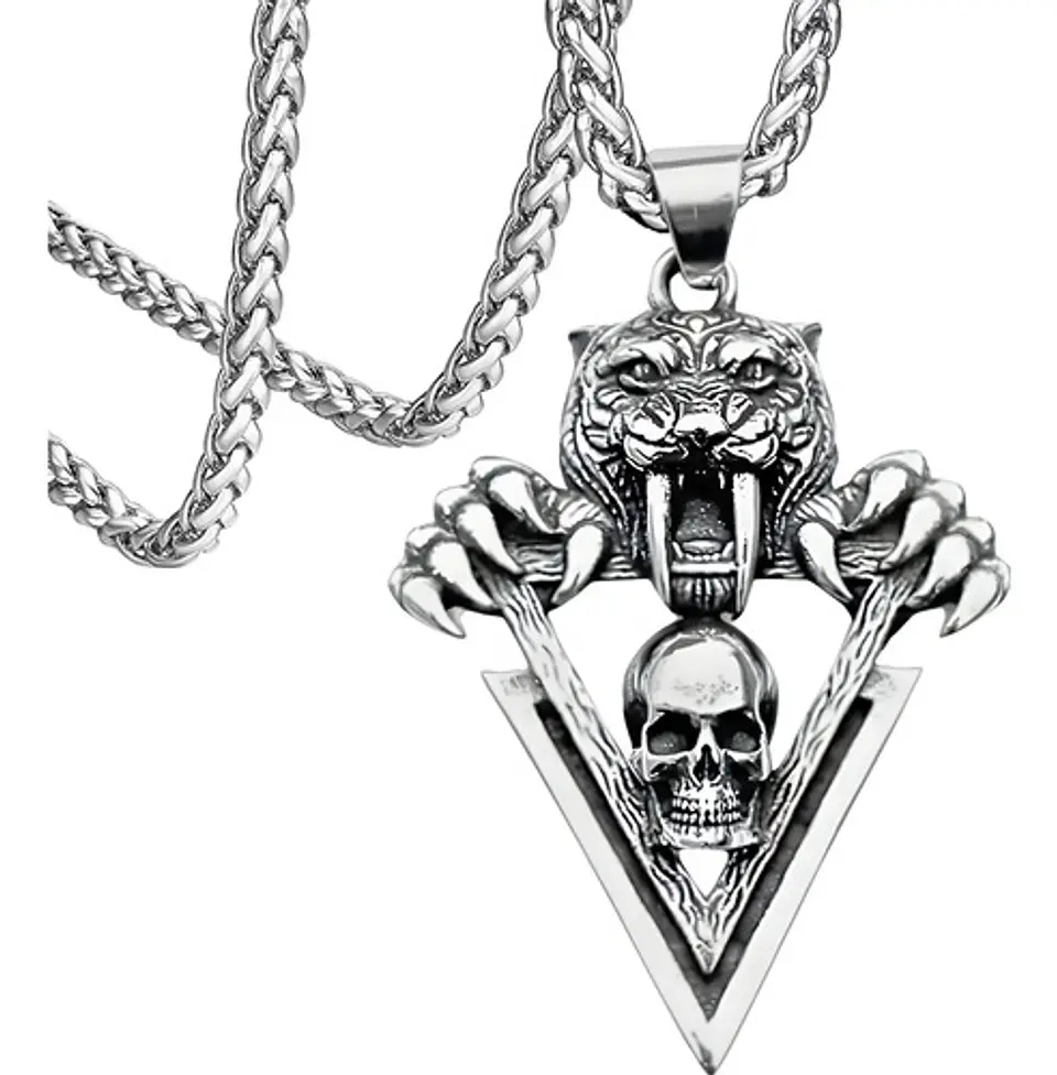 Collar Acero Inoxidable Cráneo Calavera Vikingo Tigre Hombre Plateado 1