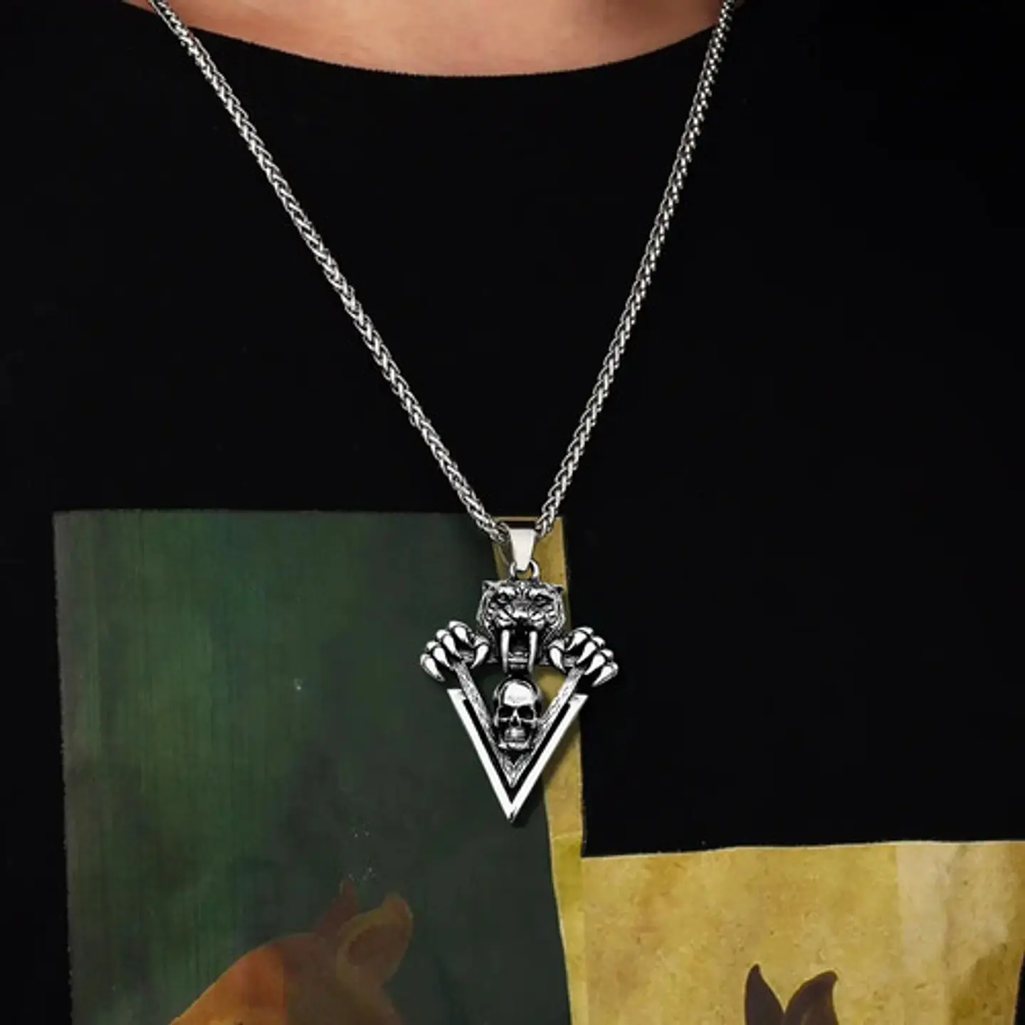 Collar Acero Inoxidable Cráneo Calavera Vikingo Tigre Hombre Plateado 2