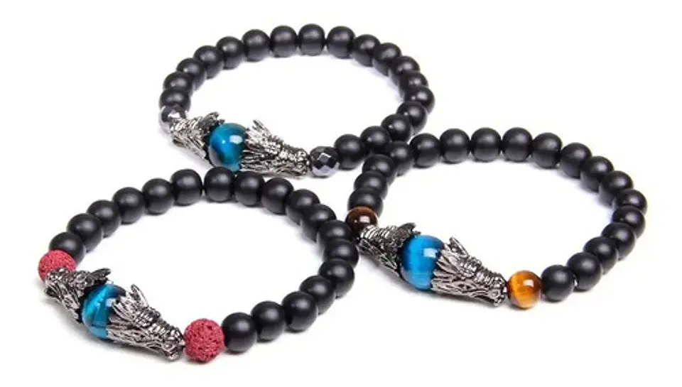 Pulsera Manilla Piedras Volcánicas Dragón Elástico Hombre 3