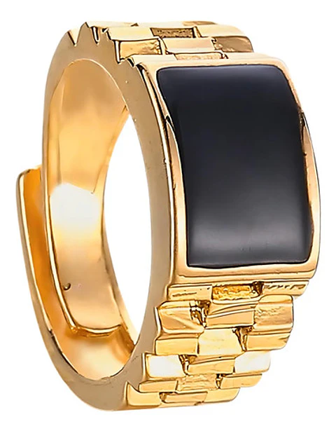 Anillo Argolla Color Oro Piedra Negra Ajustable Para Hombre