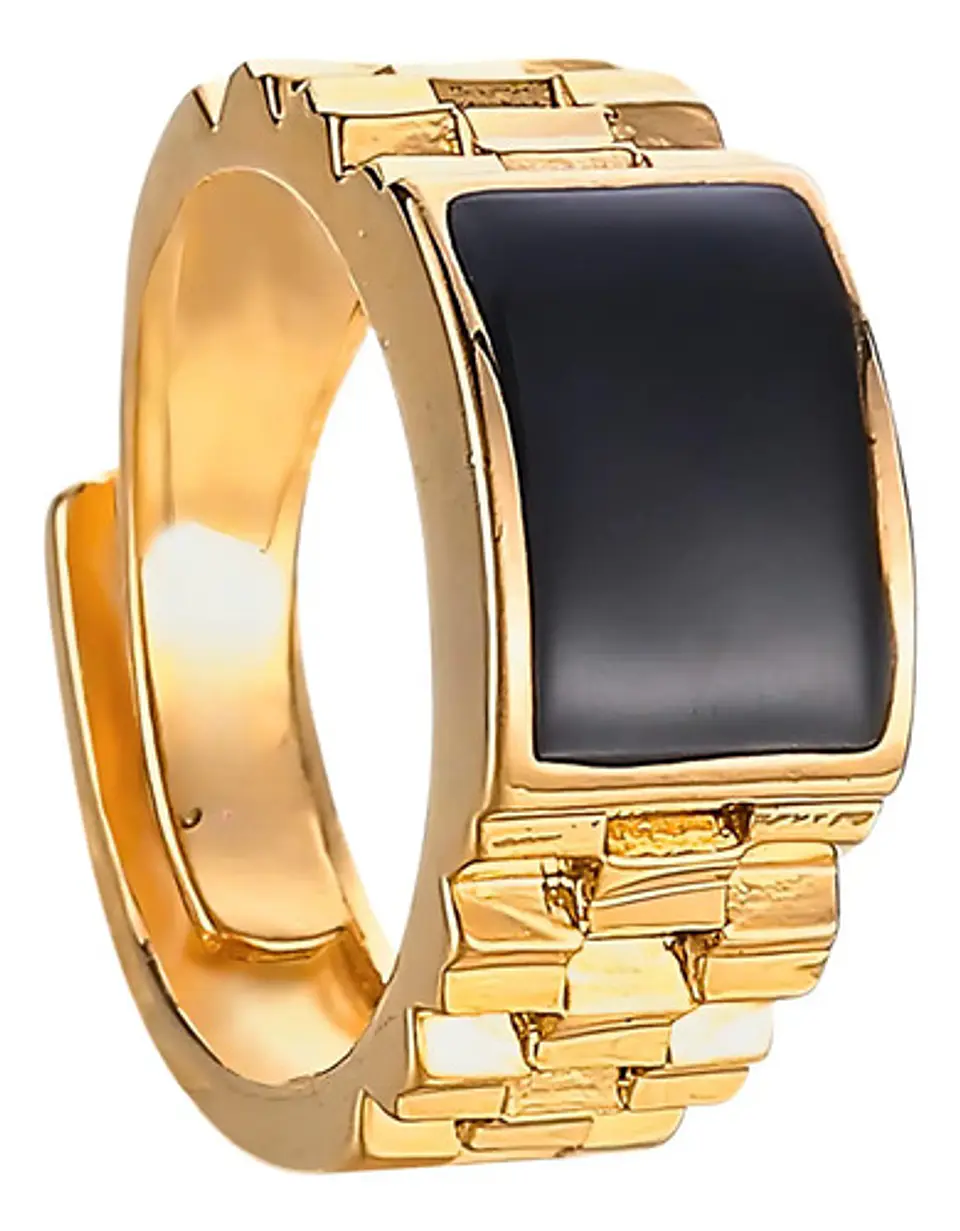 Anillo Argolla Color Oro Piedra Negra Ajustable Para Hombre 1