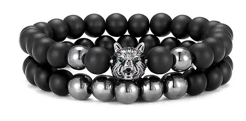 Pulsera Manilla Brazalete Piedras Naturales Lobo Para Hombre