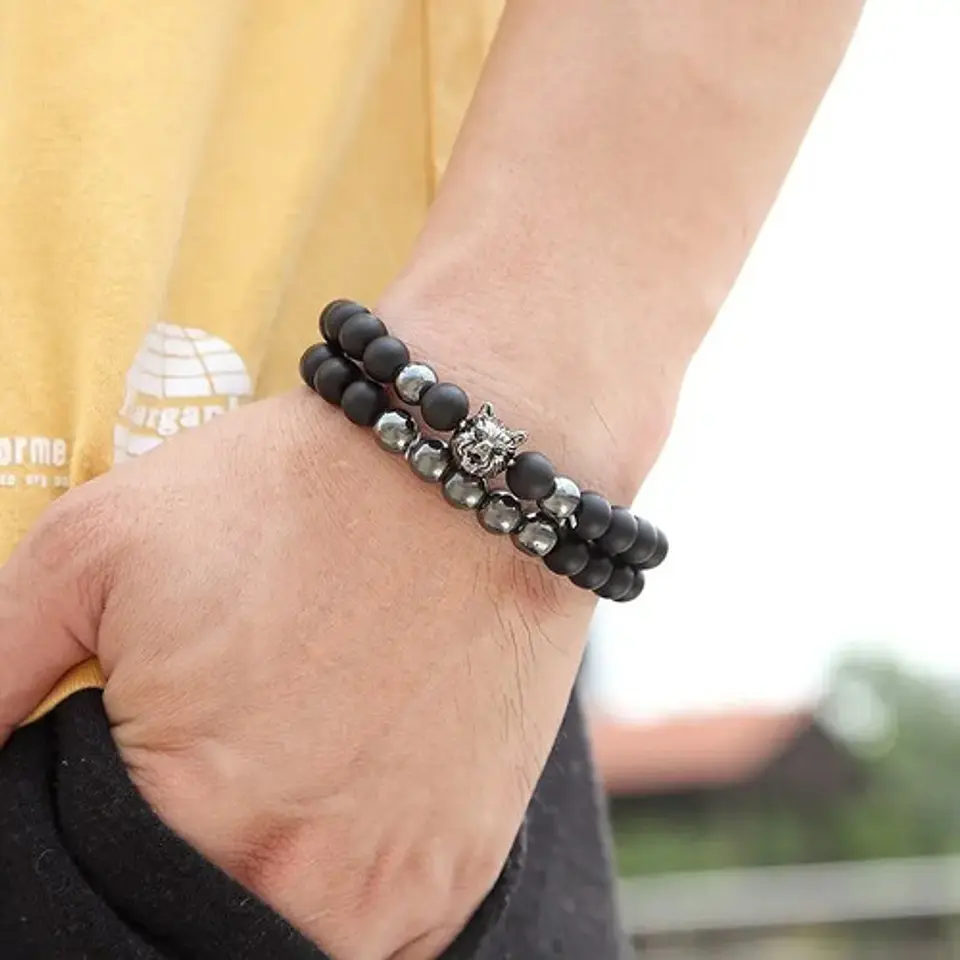 Pulsera Manilla Brazalete Piedras Naturales Lobo Para Hombre 2