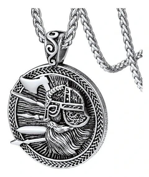 Collar Doble Cara Vikingo Odin Runas Acero Inoxidable Hombre Plateado