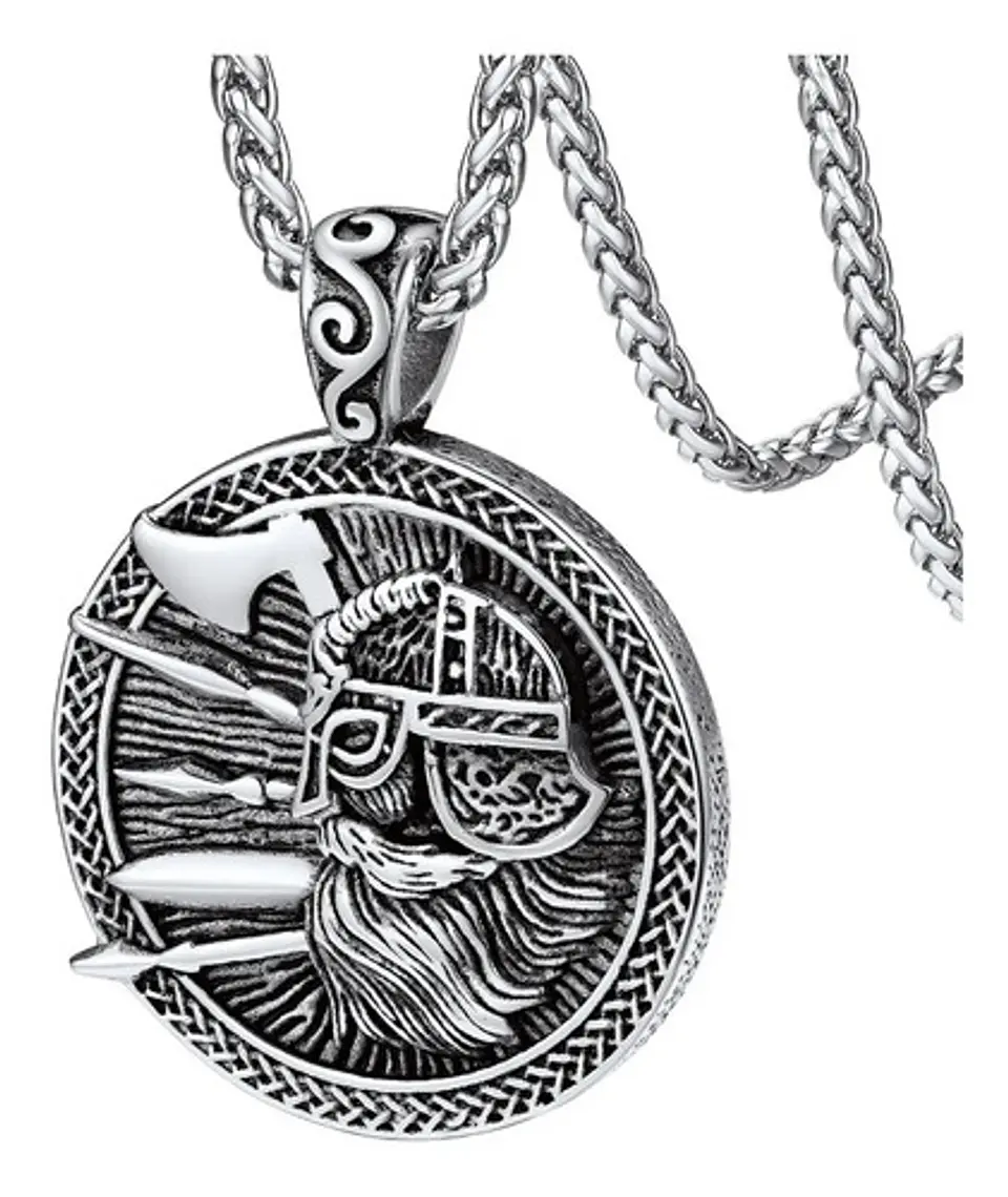Collar Doble Cara Vikingo Odin Runas Acero Inoxidable Hombre Plateado 1