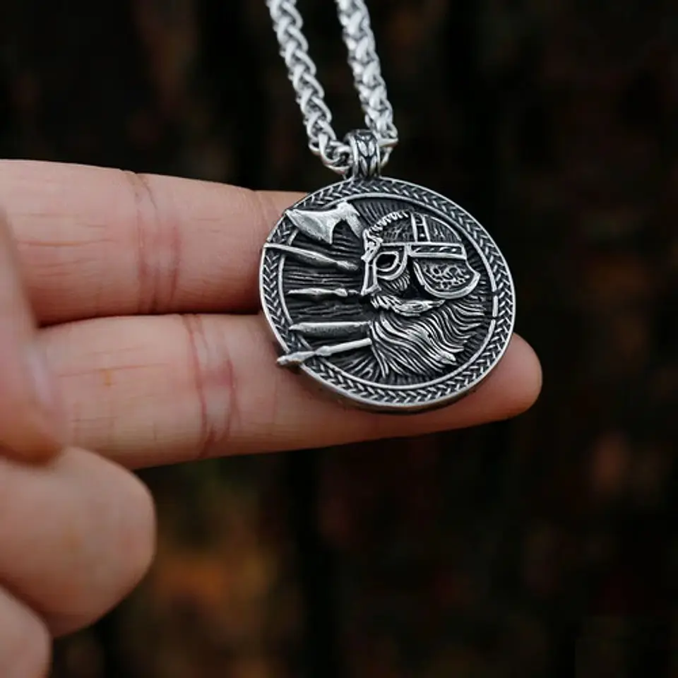 Collar Doble Cara Vikingo Odin Runas Acero Inoxidable Hombre Plateado 4