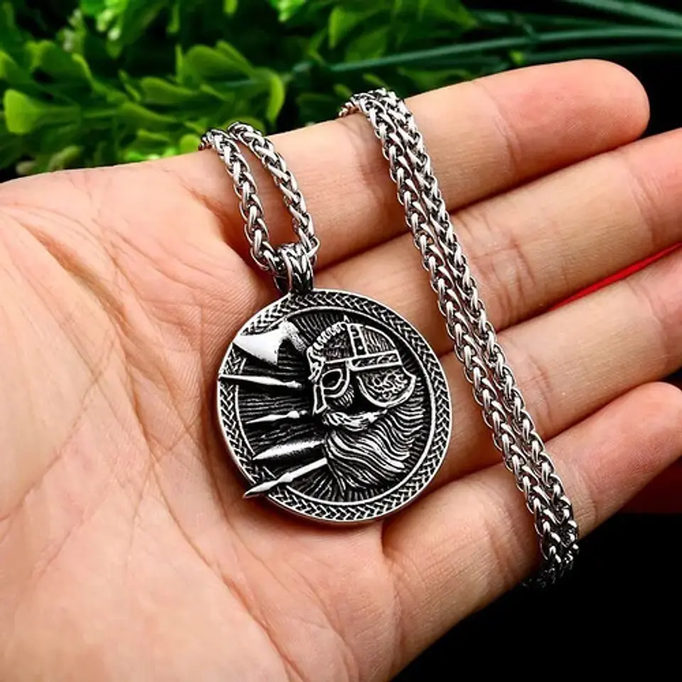 Collar Doble Cara Vikingo Odin Runas Acero Inoxidable Hombre Plateado 5