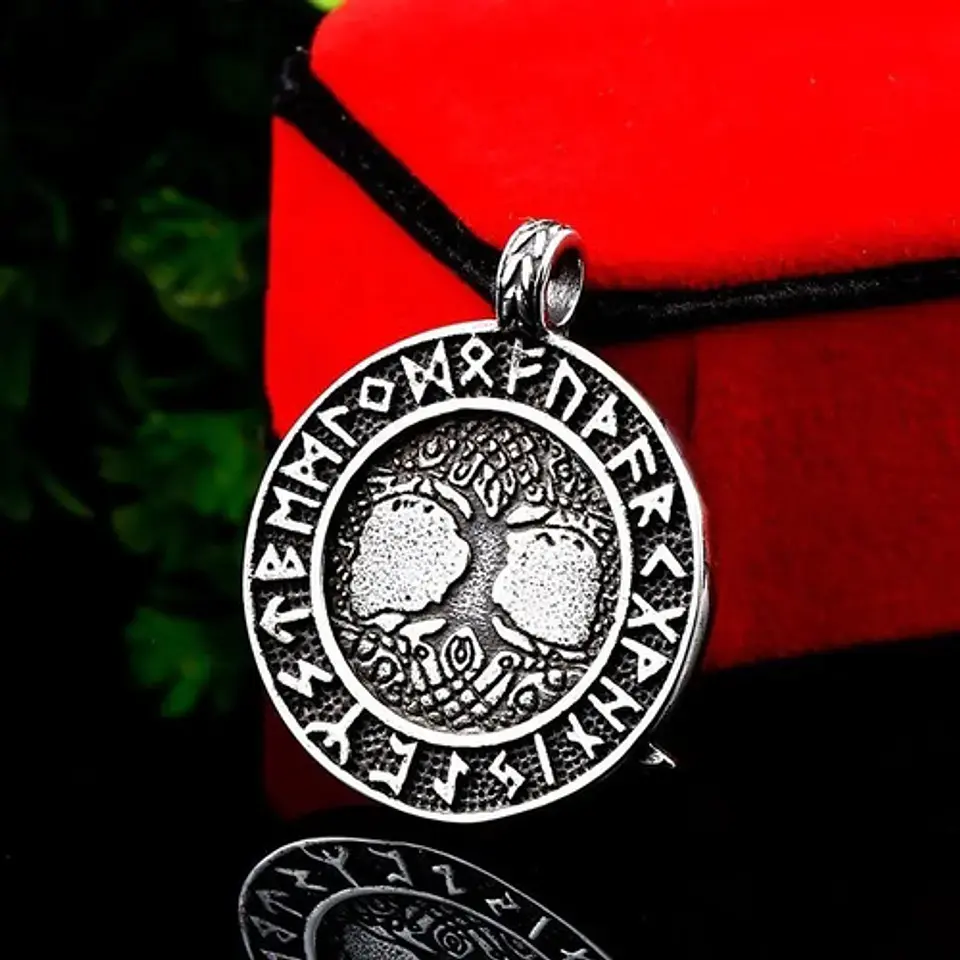 Collar Doble Cara Vikingo Odin Runas Acero Inoxidable Hombre Plateado 6