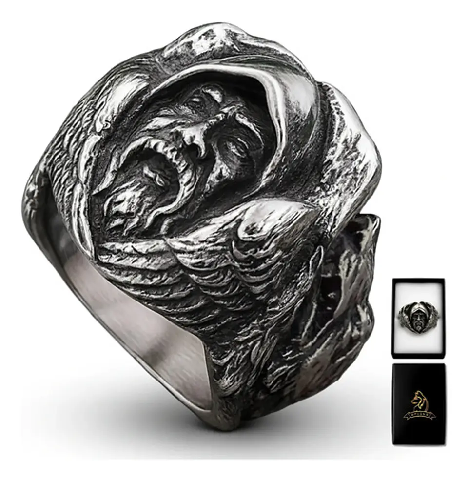 Anillo Color Plata Vikingo Lobo Odin Acero Inoxidable Hombre 1