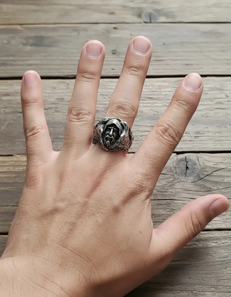 Anillo Color Plata Vikingo Lobo Odin Acero Inoxidable Hombre 2
