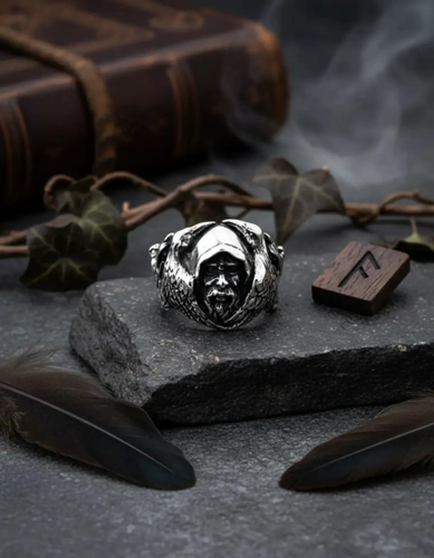 Anillo Color Plata Vikingo Lobo Odin Acero Inoxidable Hombre 6