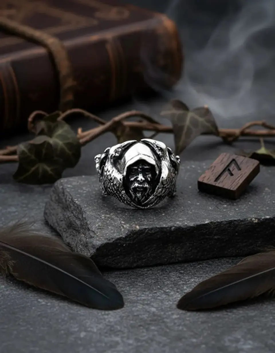 Anillo Color Plata Vikingo Lobo Odin Acero Inoxidable Hombre 6