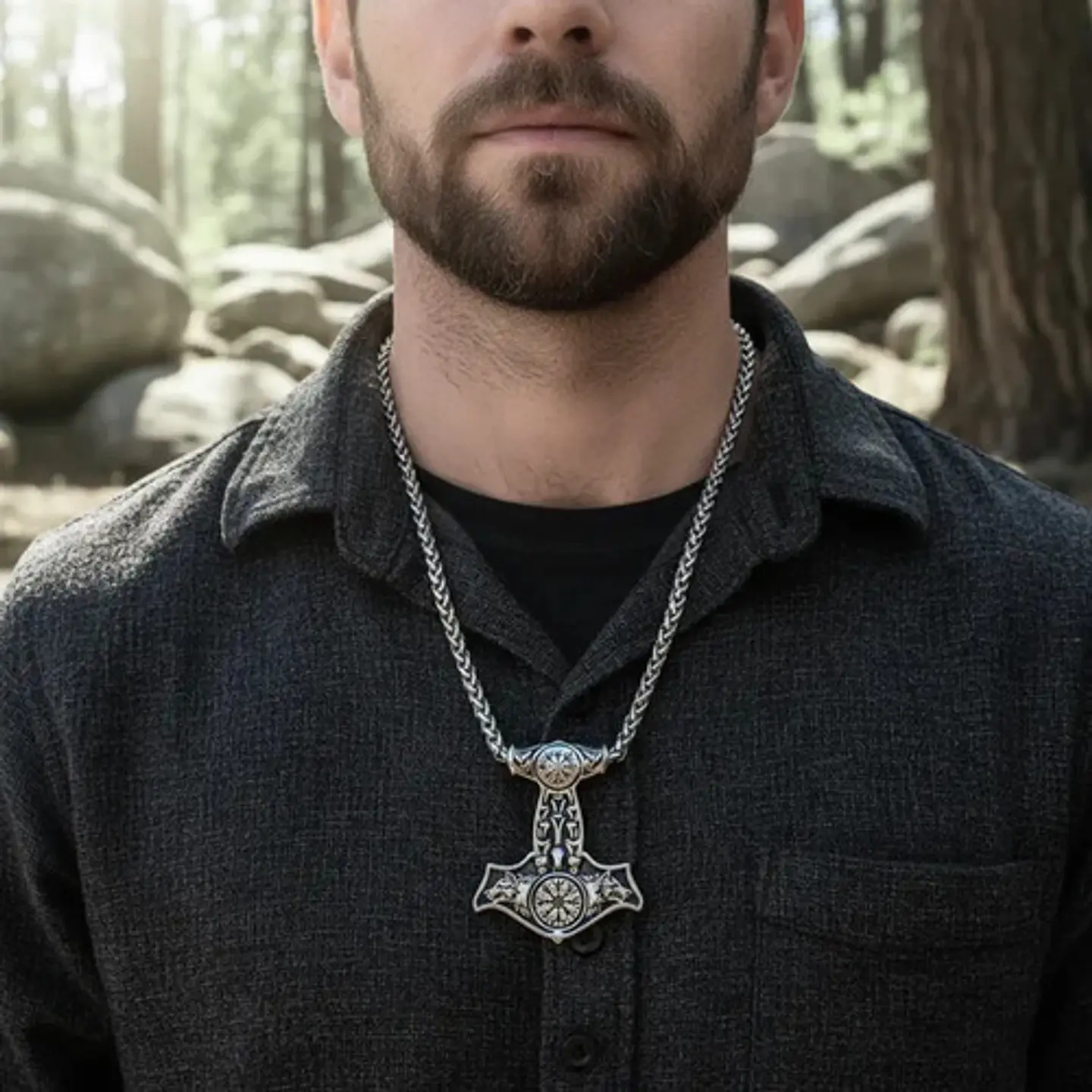 Collar Vikingo De Acero Para Hombres Dije Thor Mjölni Lobos 2
