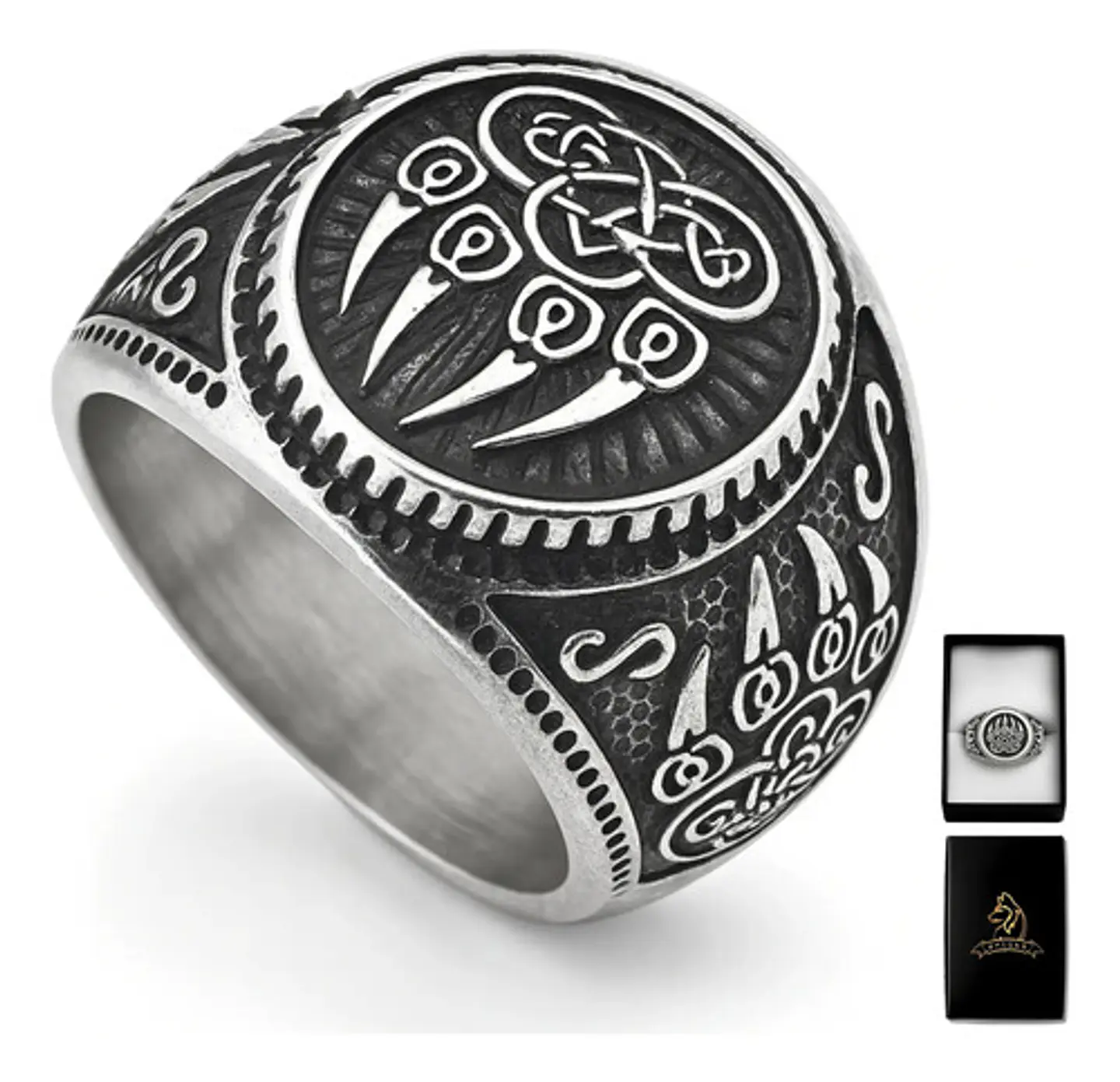 Anillo Para Hombres Vikingo Garra Oso Color Plata De Acero 1