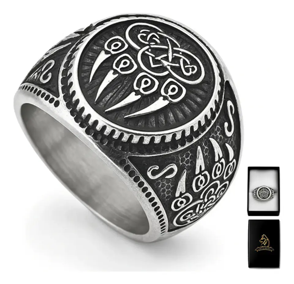 Anillo Para Hombres Vikingo Garra Oso Color Plata De Acero 1