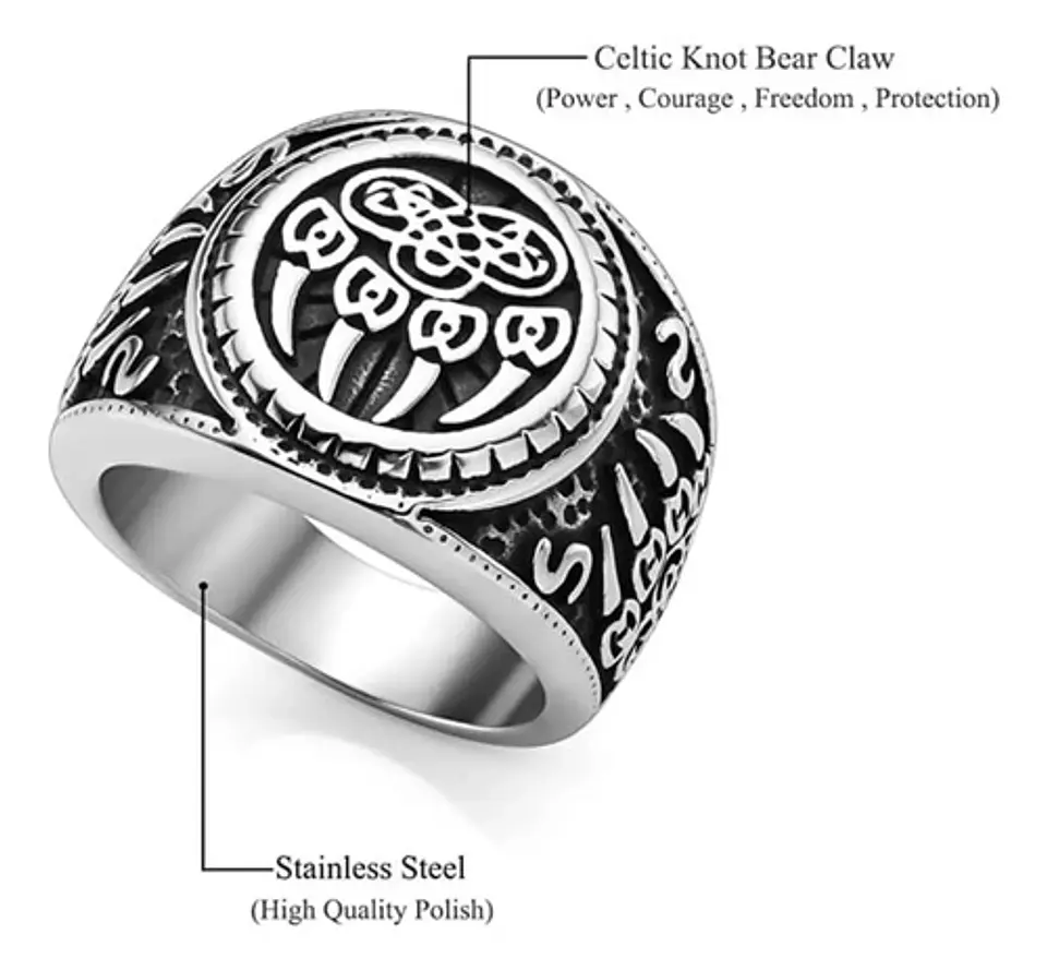 Anillo Para Hombres Vikingo Garra Oso Color Plata De Acero 2