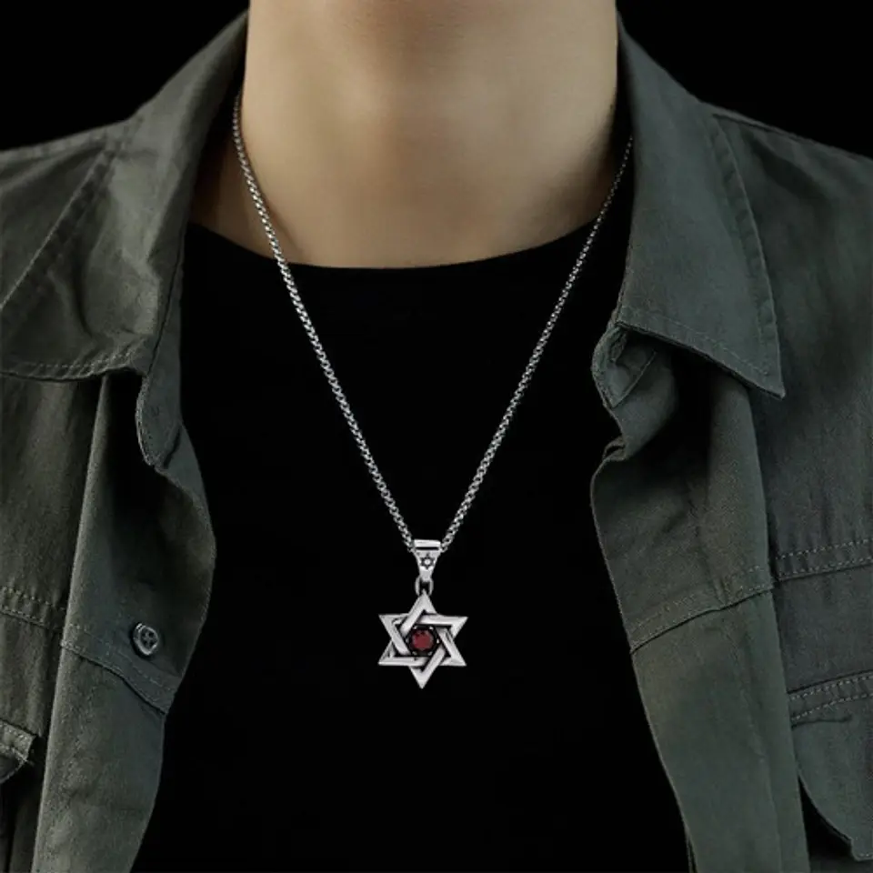Collar Estrella De David Color Plata Acero Inoxidable Hombre 14
