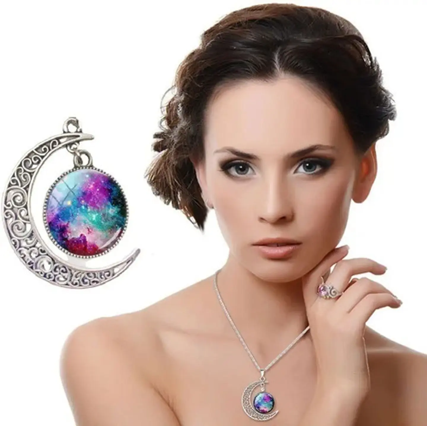 Collar Luna Color Plata Universo Nebulosa Galaxia Para Mujer 1