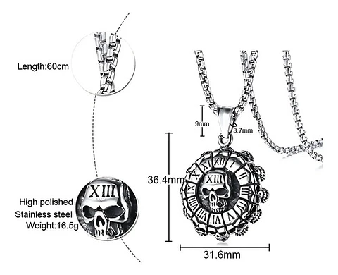 Collar Para Hombre Dije Cráneo Números Romanos Calavera Punk