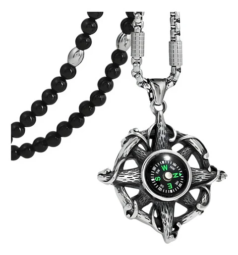 Collar Color Plata Brújula Biker Acero Inoxidable Hombre
