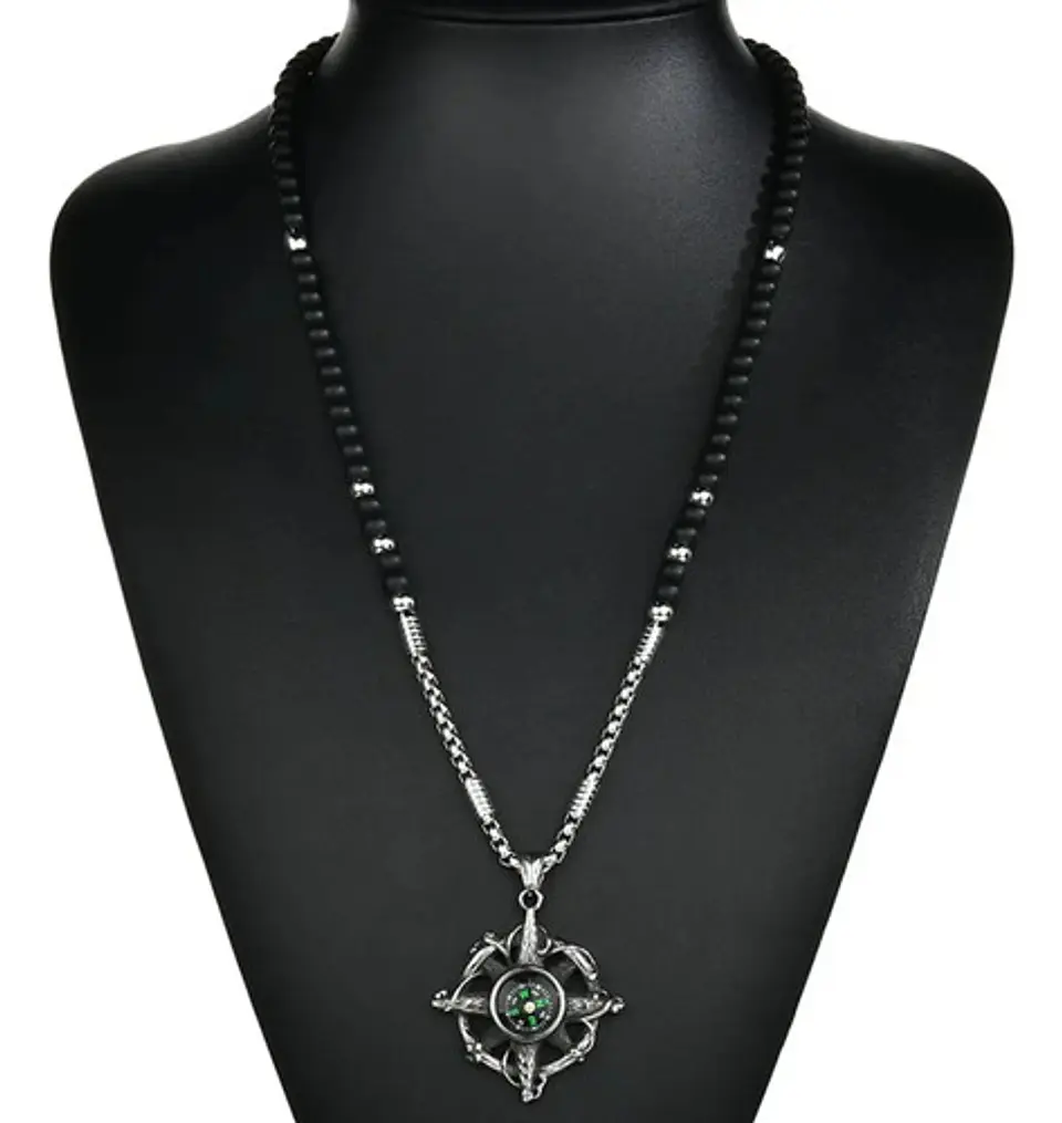 Collar Color Plata Brújula Biker Acero Inoxidable Hombre 4