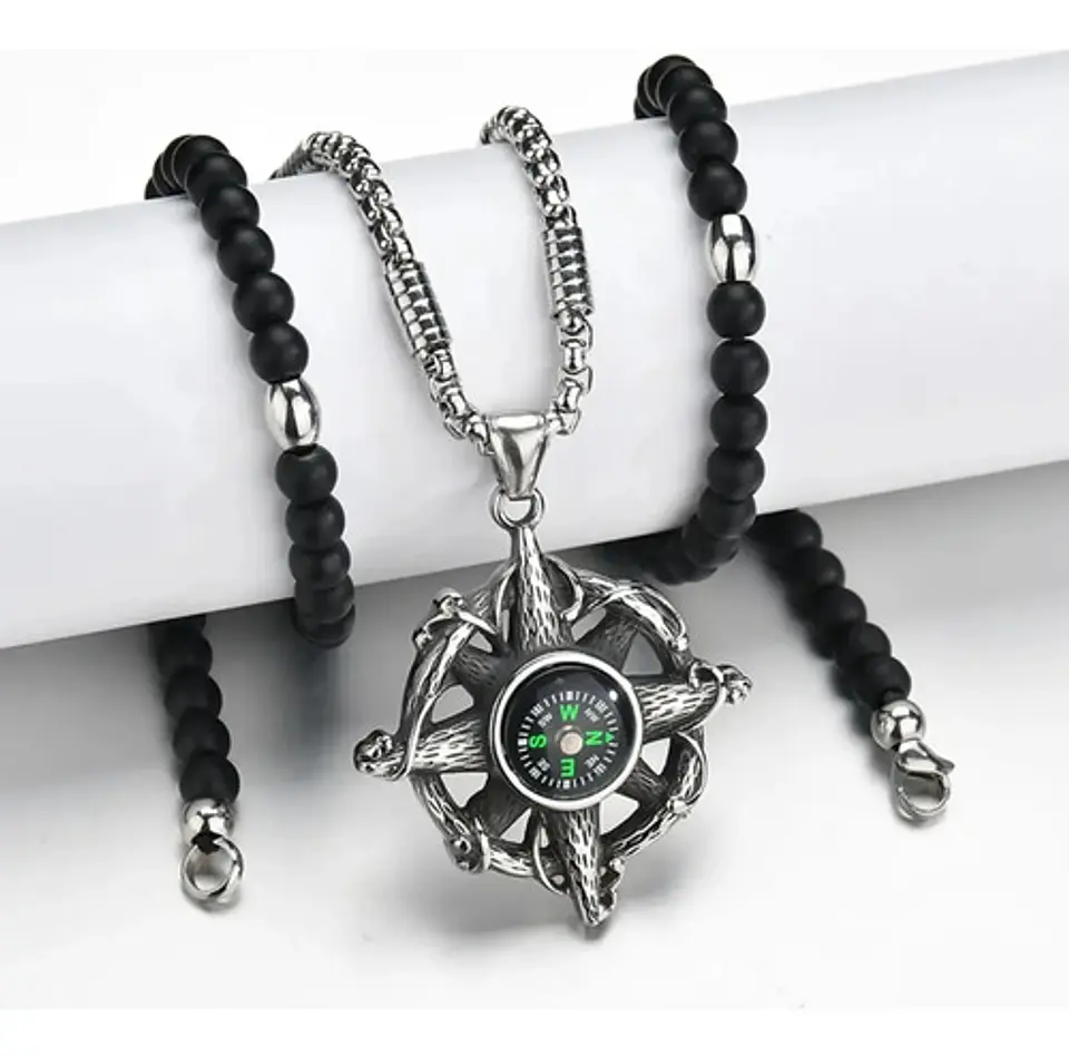 Collar Color Plata Brújula Biker Acero Inoxidable Hombre 5