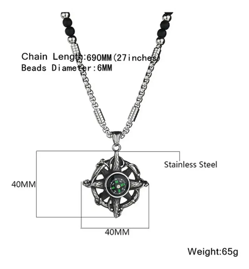 Collar Color Plata Brújula Biker Acero Inoxidable Hombre 6