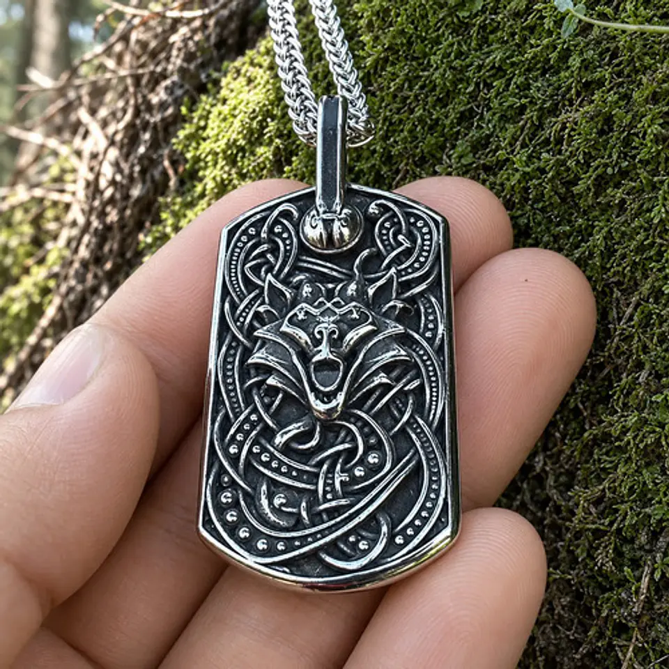 Collar Plateado Vikingo En Acero Para Hombre Dije Lobo Odin 4