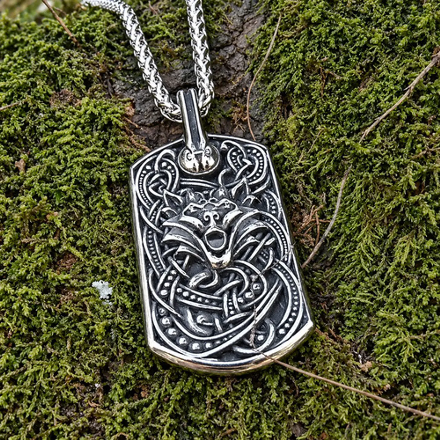 Collar Plateado Vikingo En Acero Para Hombre Dije Lobo Odin 6