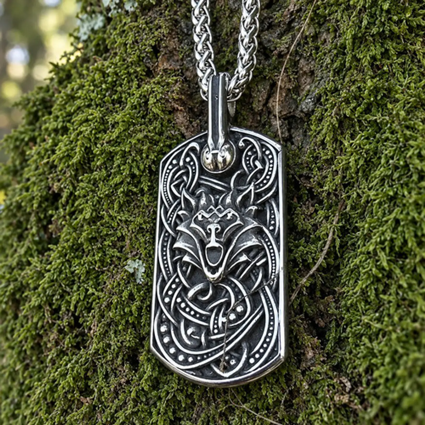 Collar Plateado Vikingo En Acero Para Hombre Dije Lobo Odin 10