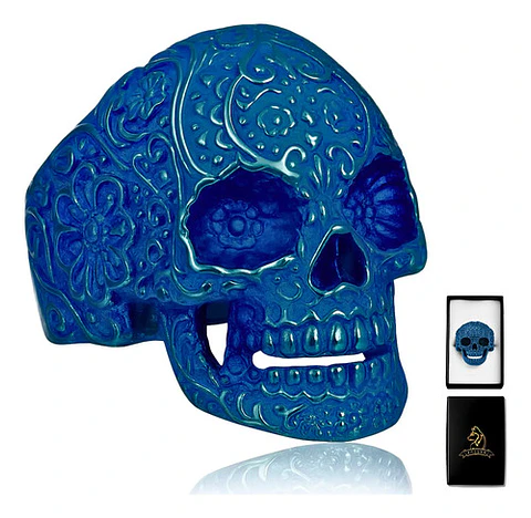 Anillo Hombre Forma De Cráneo Calavera Gótico Azul De Acero