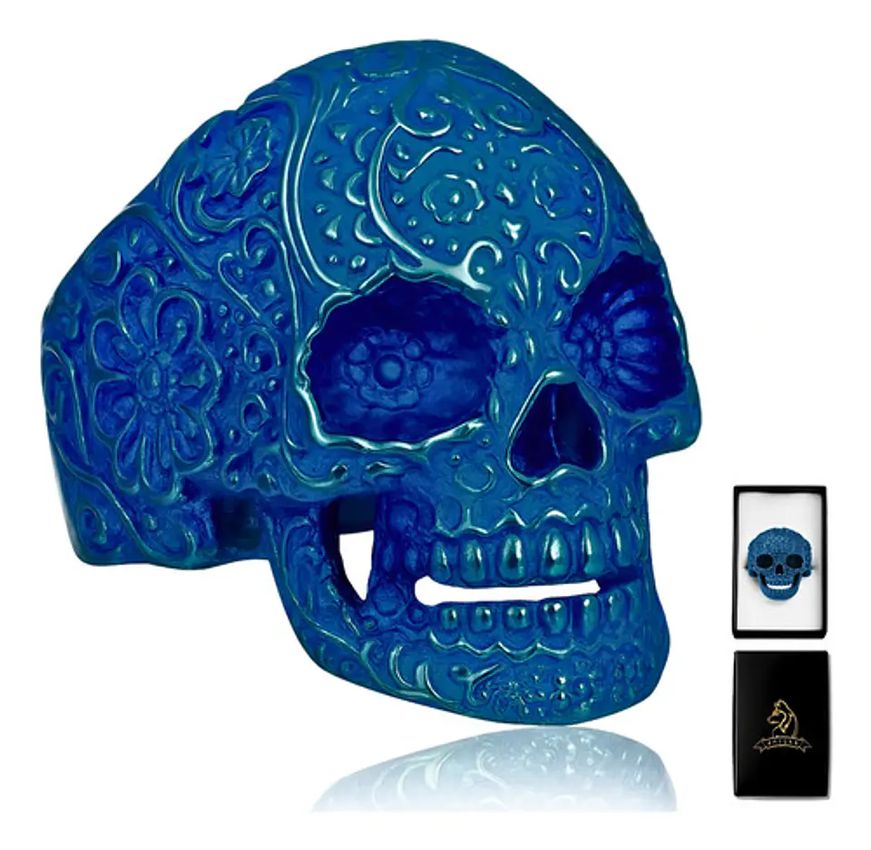 Anillo Hombre Forma De Cráneo Calavera Gótico Azul De Acero 1