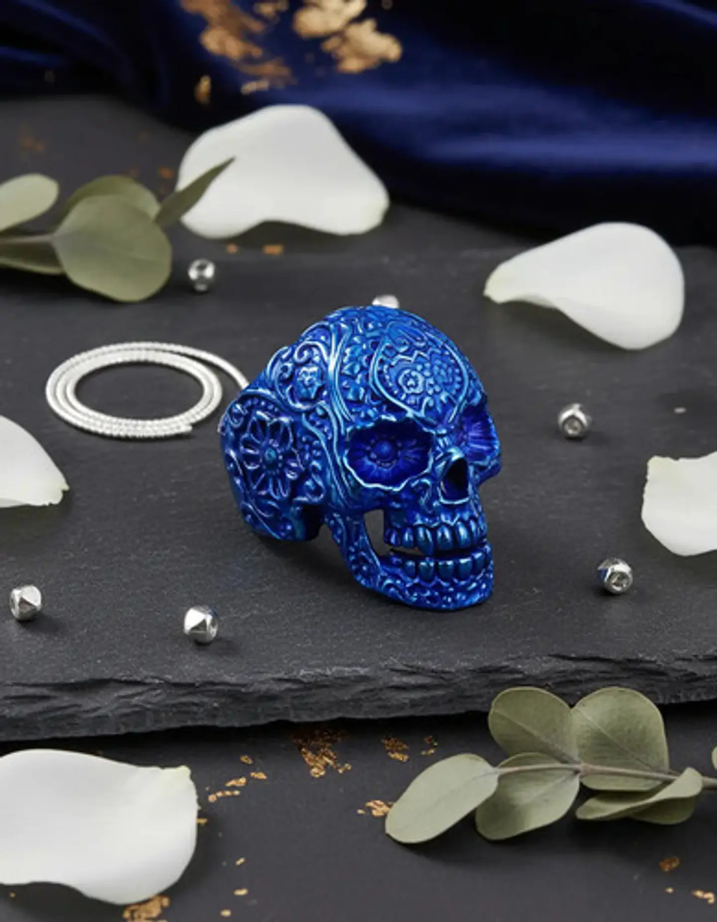 Anillo Hombre Forma De Cráneo Calavera Gótico Azul De Acero 3