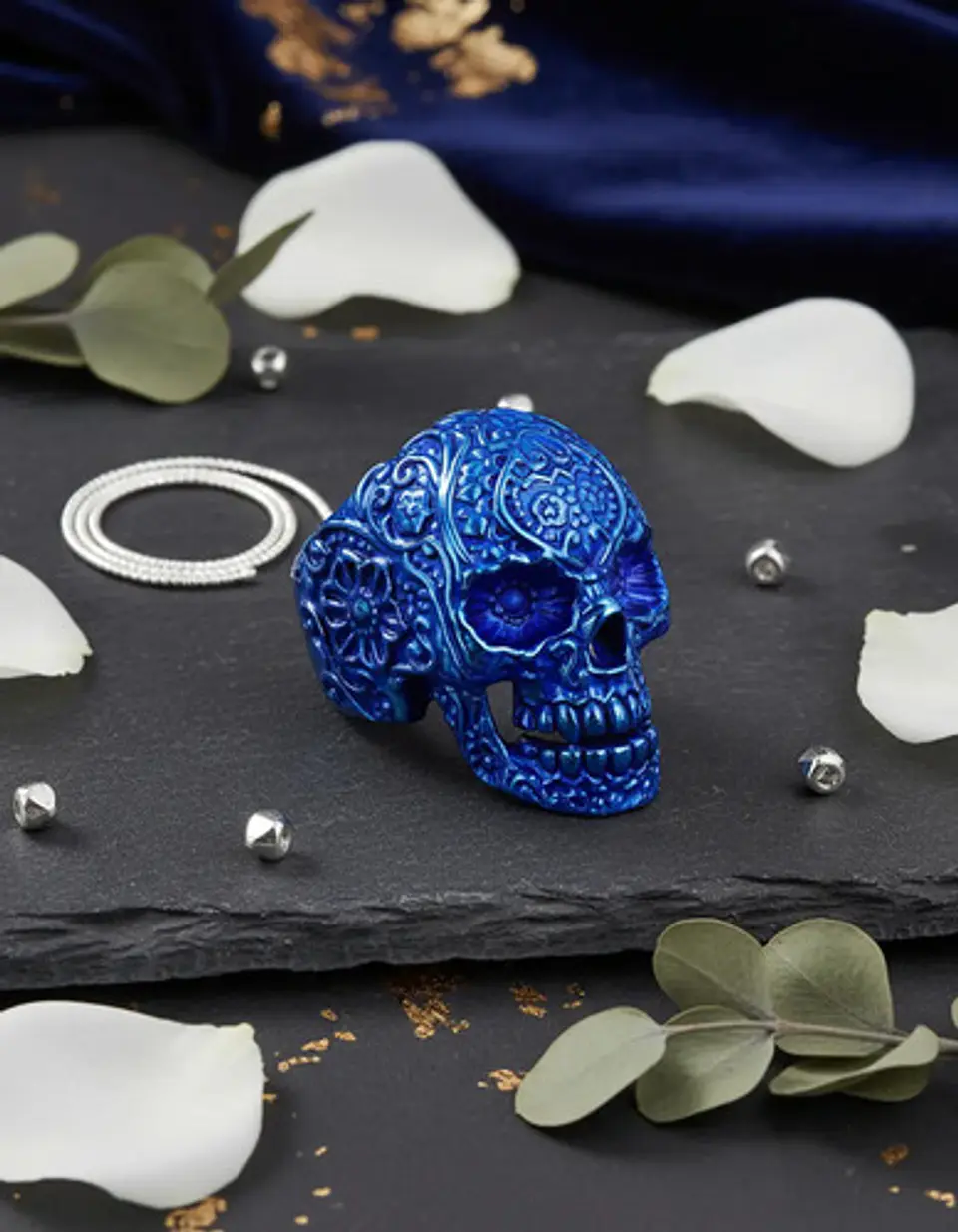 Anillo Hombre Forma De Cráneo Calavera Gótico Azul De Acero 3